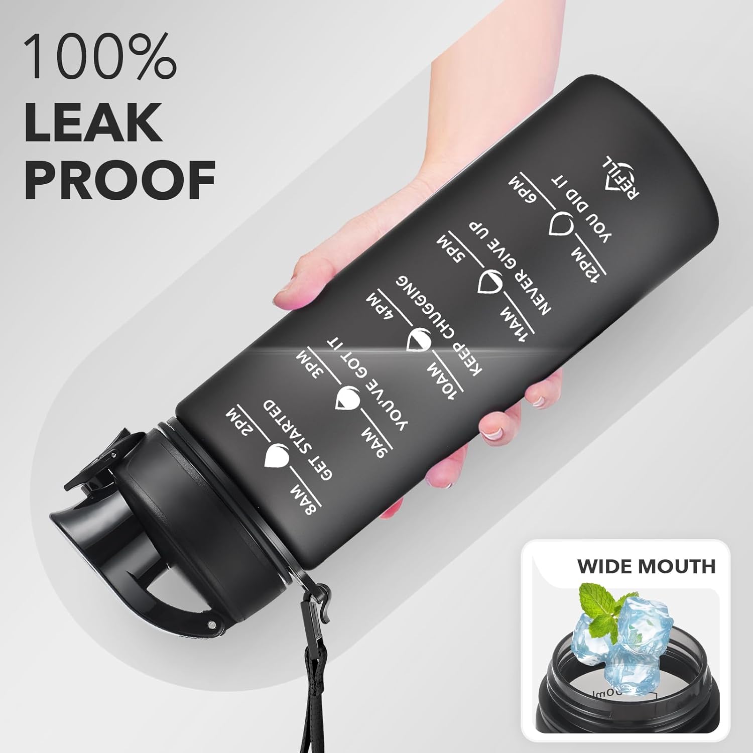 Fitness water bottle with drinking timer and straw, with carrying strap