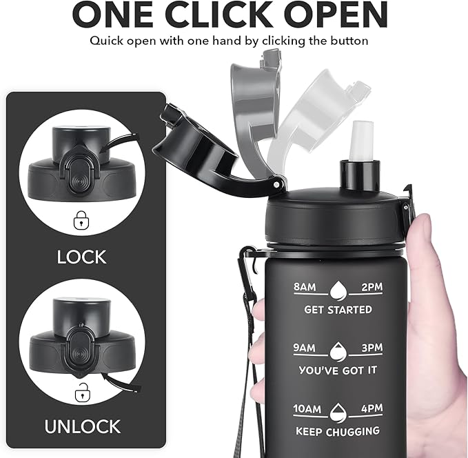 Fitness water bottle with drinking timer and straw, with carrying strap