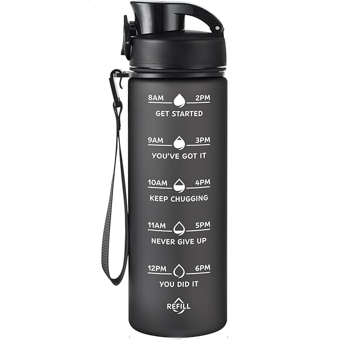 Fitness water bottle with drinking timer and straw, with carrying strap