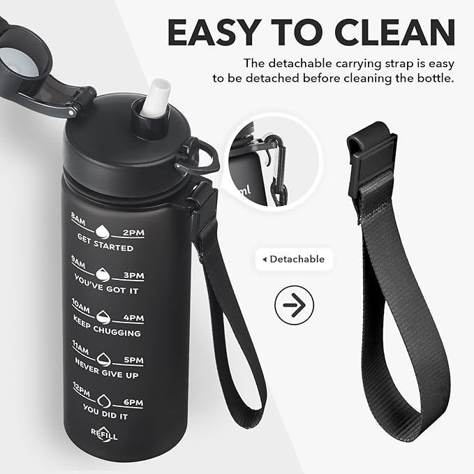 Fitness water bottle with drinking timer and straw, with carrying strap