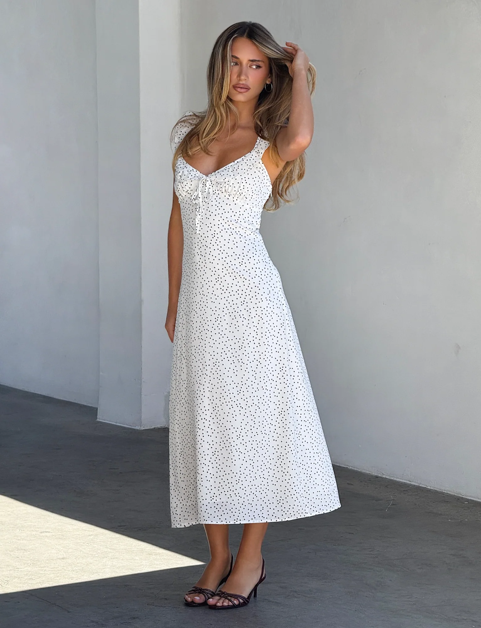 LOTTIE RUFFLE MIDI DRESS - WHITE POLKA