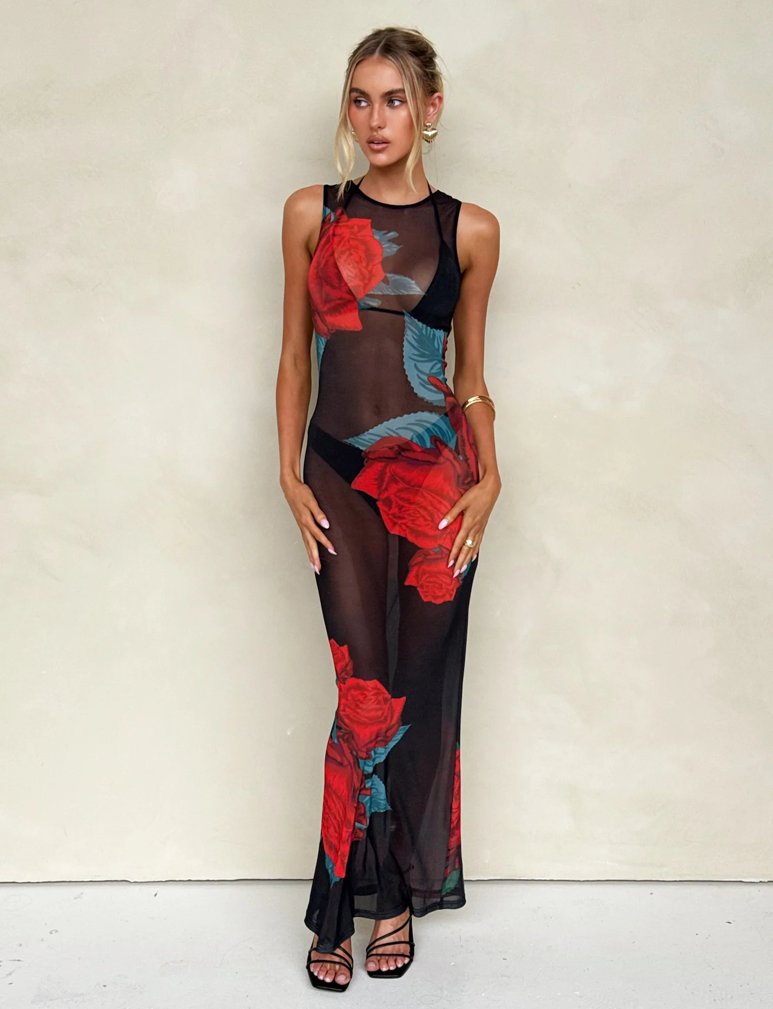 JOZIE THREE PIECE DRESS - BLACK : MACRO ROSE - RED ROSE