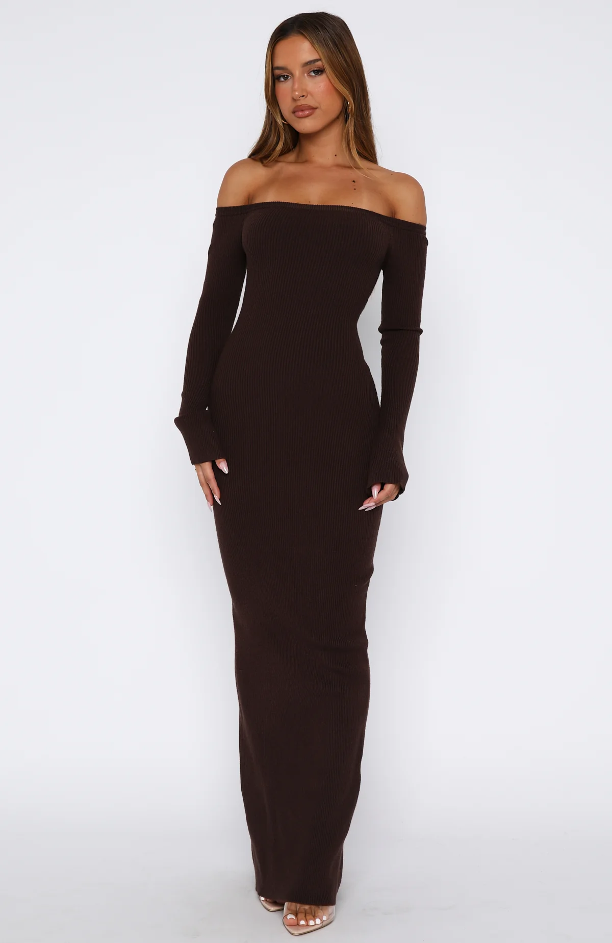 Star Studded Long Sleeve Knit Maxi Dress Chocolate
