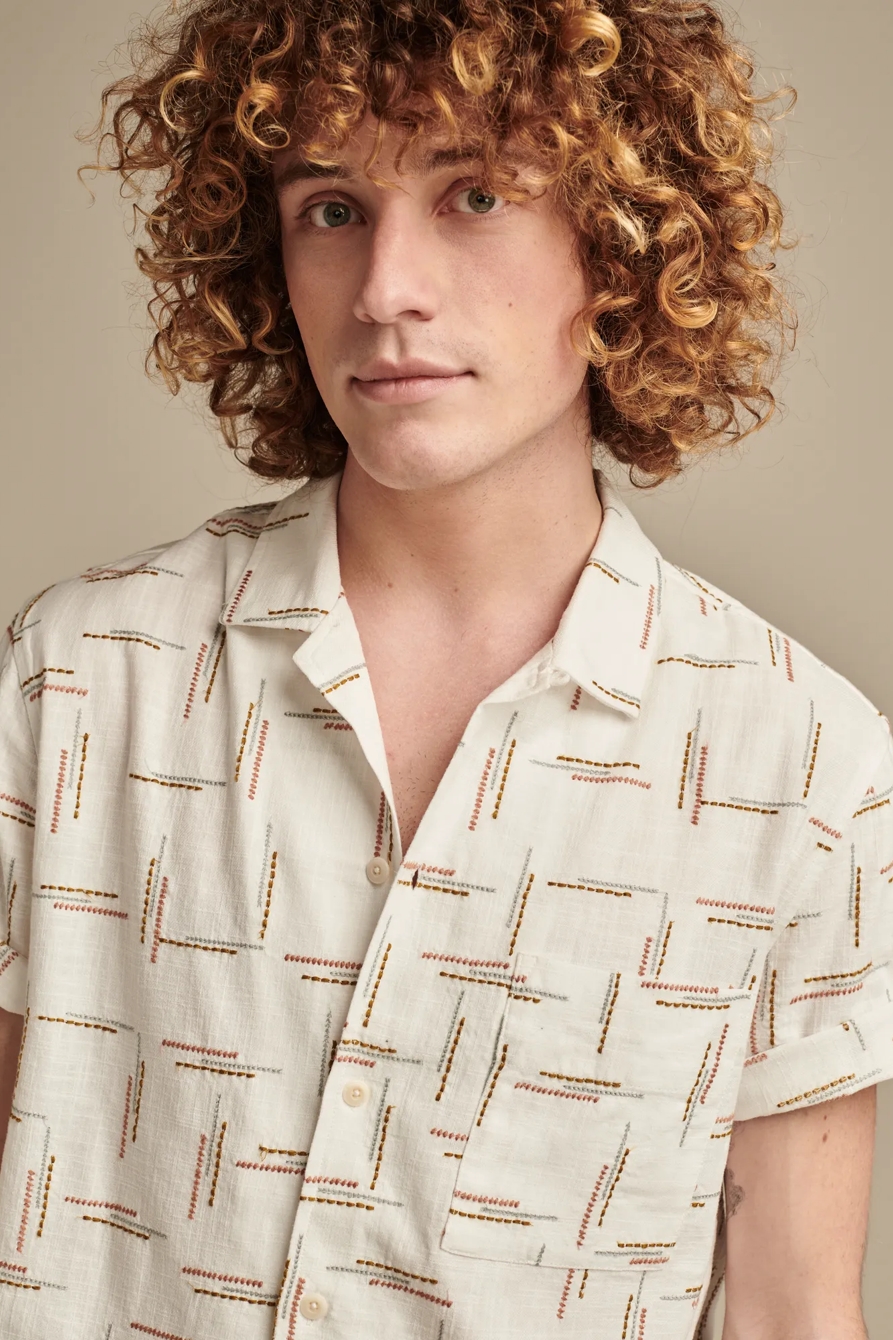 EMBROIDRED DASH SHORT SLEEVE CAMP COLLAR  SHIRT - Lucky Brand Outlet