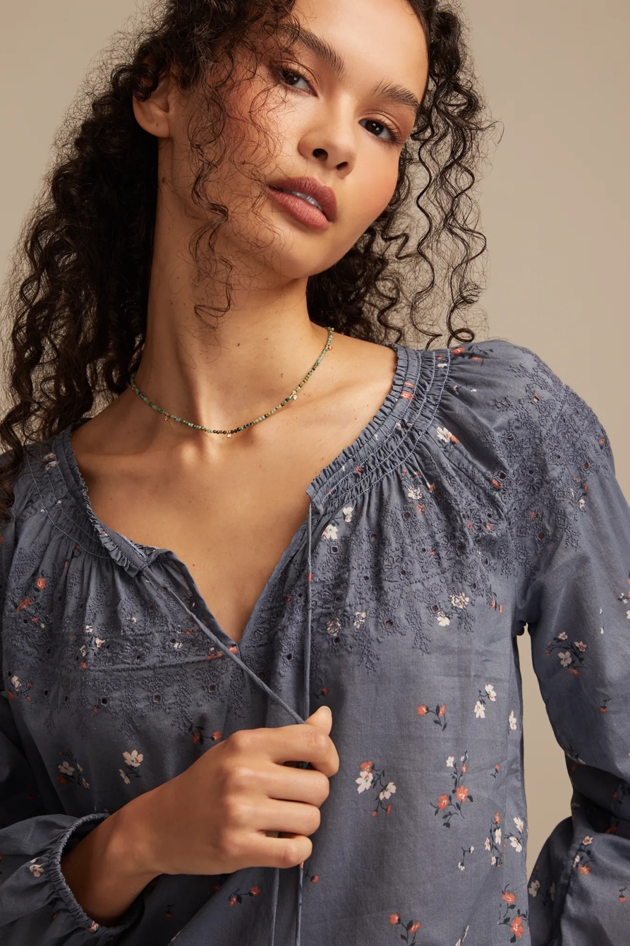 EMBROIDERED SMOCKED PEASANT TOP - Lucky Brand Outlet