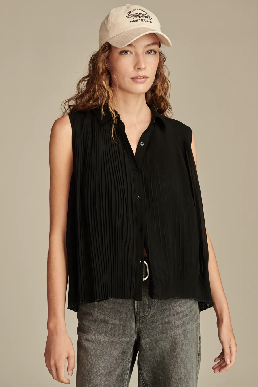 Sleeveless Micro Pleated Button Down - Lucky Brand Outlet