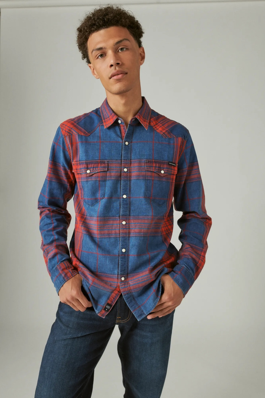 PLAID INDIGO LONG SLEEVE WESTERN SHIRT - Lucky Brand Outlet