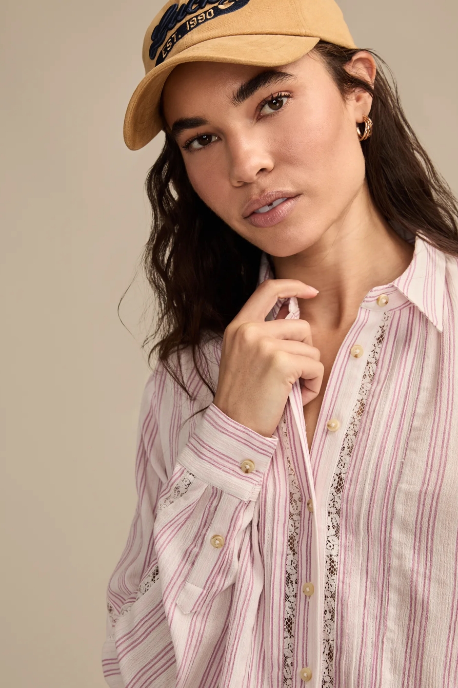 LACE TRIMMED BUTTON DOWN SHIRT - Lucky Brand Outlet
