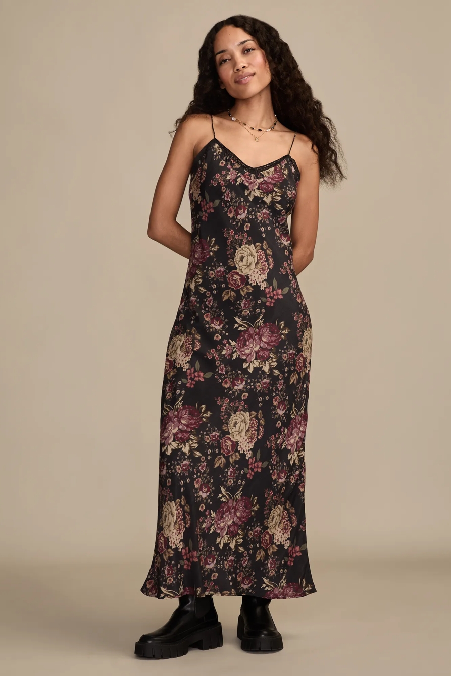 RUCHED PRINTED SLIP MIDI DRESS - Lucky Brand Outlet