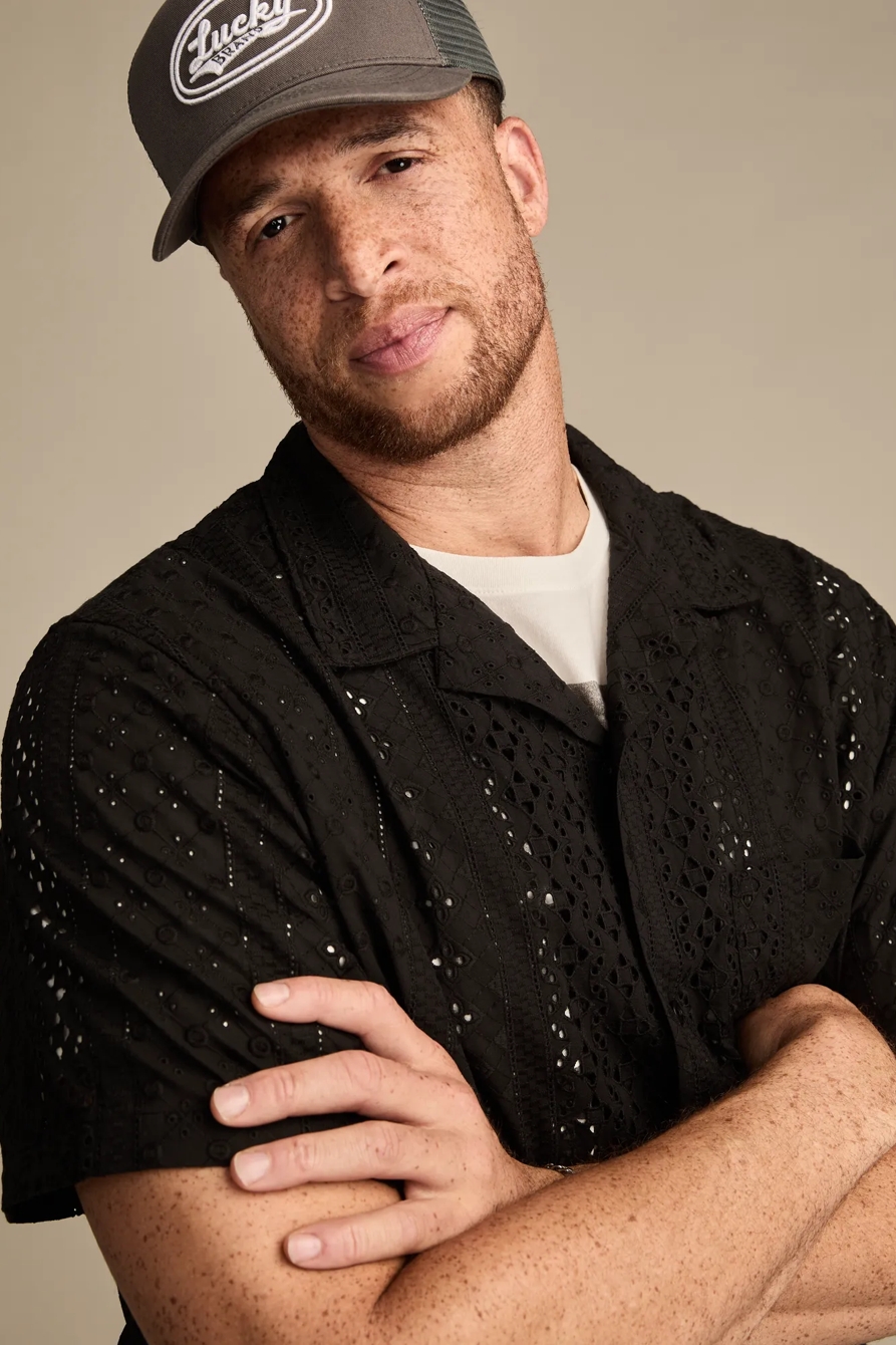 BIG & TALL SHORT SLEEVE EYELET CAMP COLLAR SHIRT - Lucky Brand Outlet