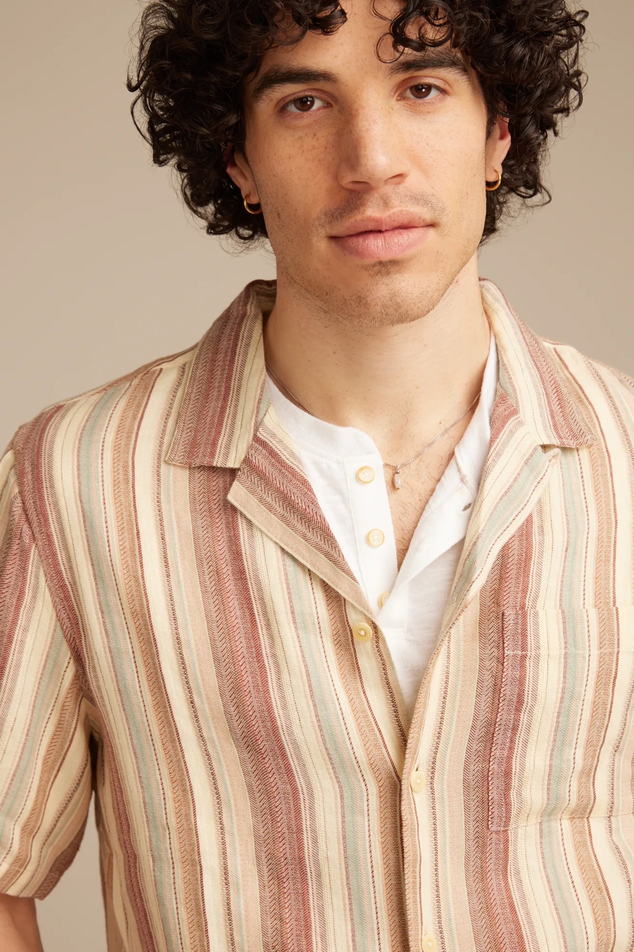 LINEN DOBBY STRIPE CAMP COLLAR SHORT SLEEVE SHIRT - Lucky Brand Outlet