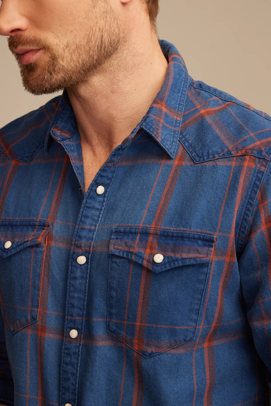 INDIGO PLAID MESA WESTERN LONG SLEEVE SHIRT - Lucky Brand Outlet