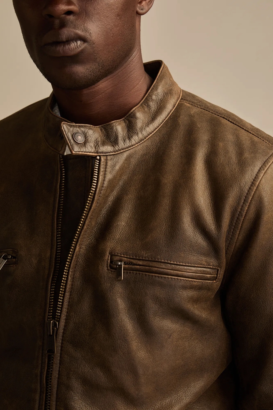WASHED BROWN LEATHER BONNEVILLE JACKET - Lucky Brand Outlet