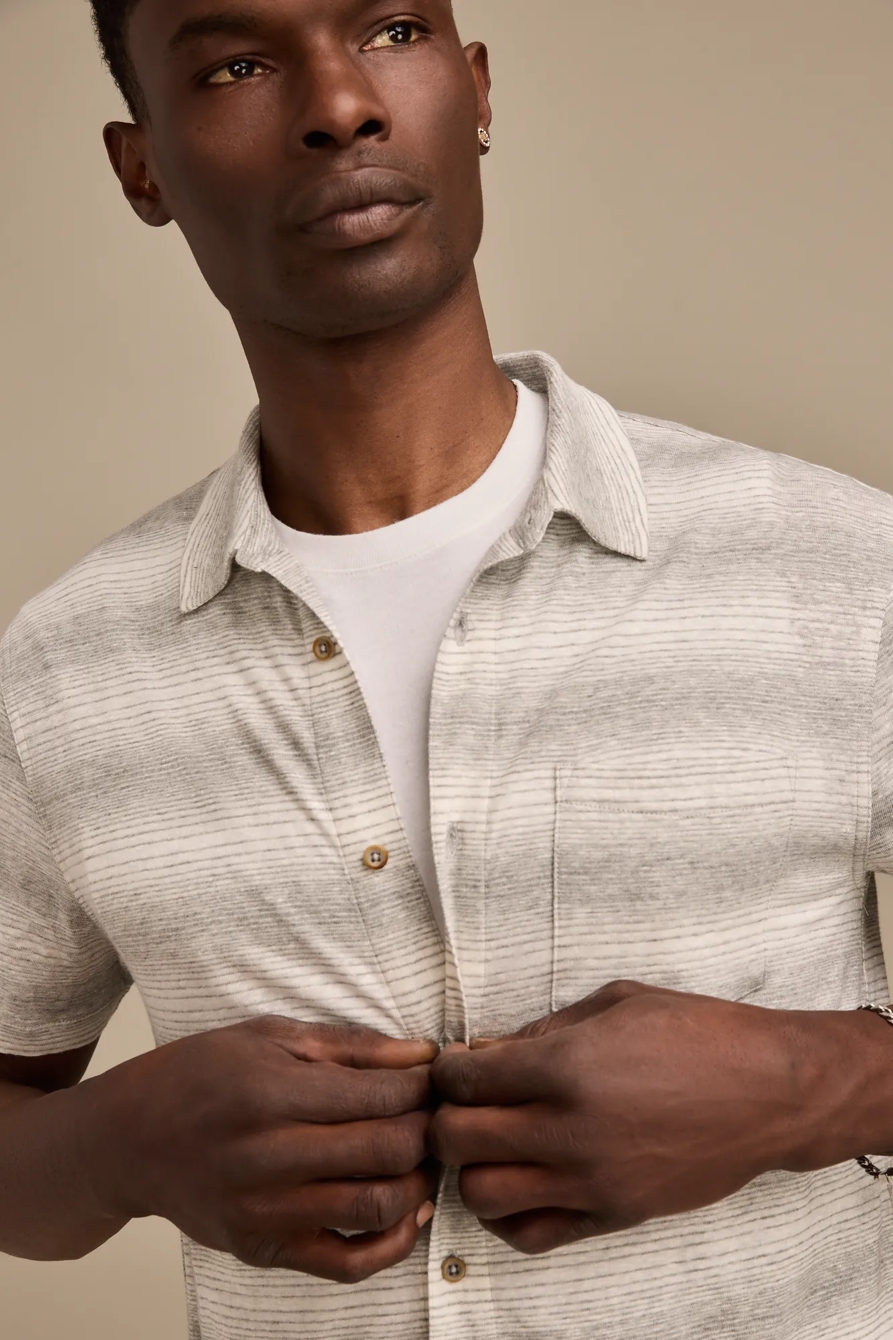 LINEN SHORT SLEEVE STRIPE BUTTON UP SHIRT - Lucky Brand Outlet