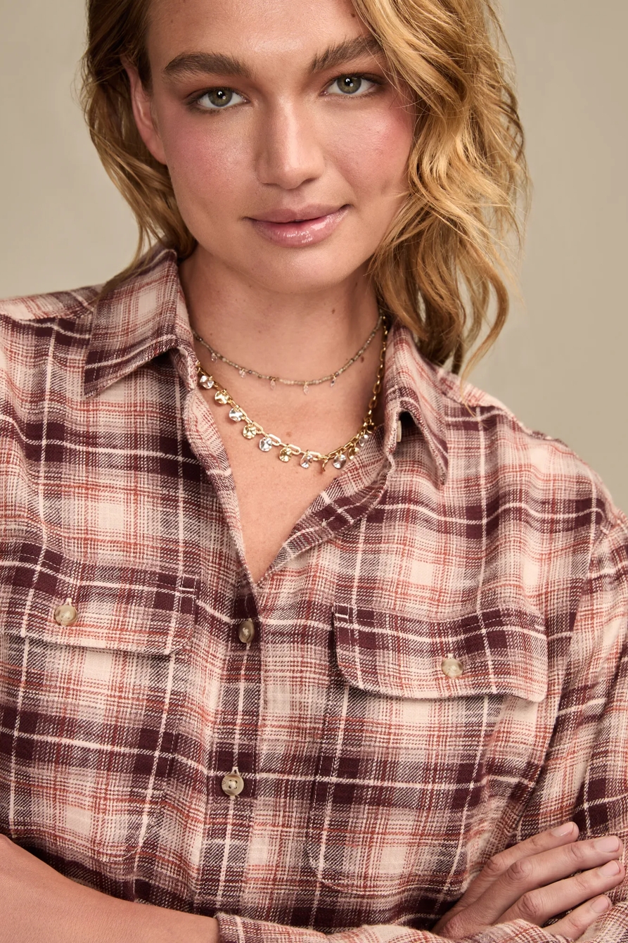RAW EDGE FLANNEL CROPPED BUTTON DOWN SHIRT - Lucky Brand Outlet