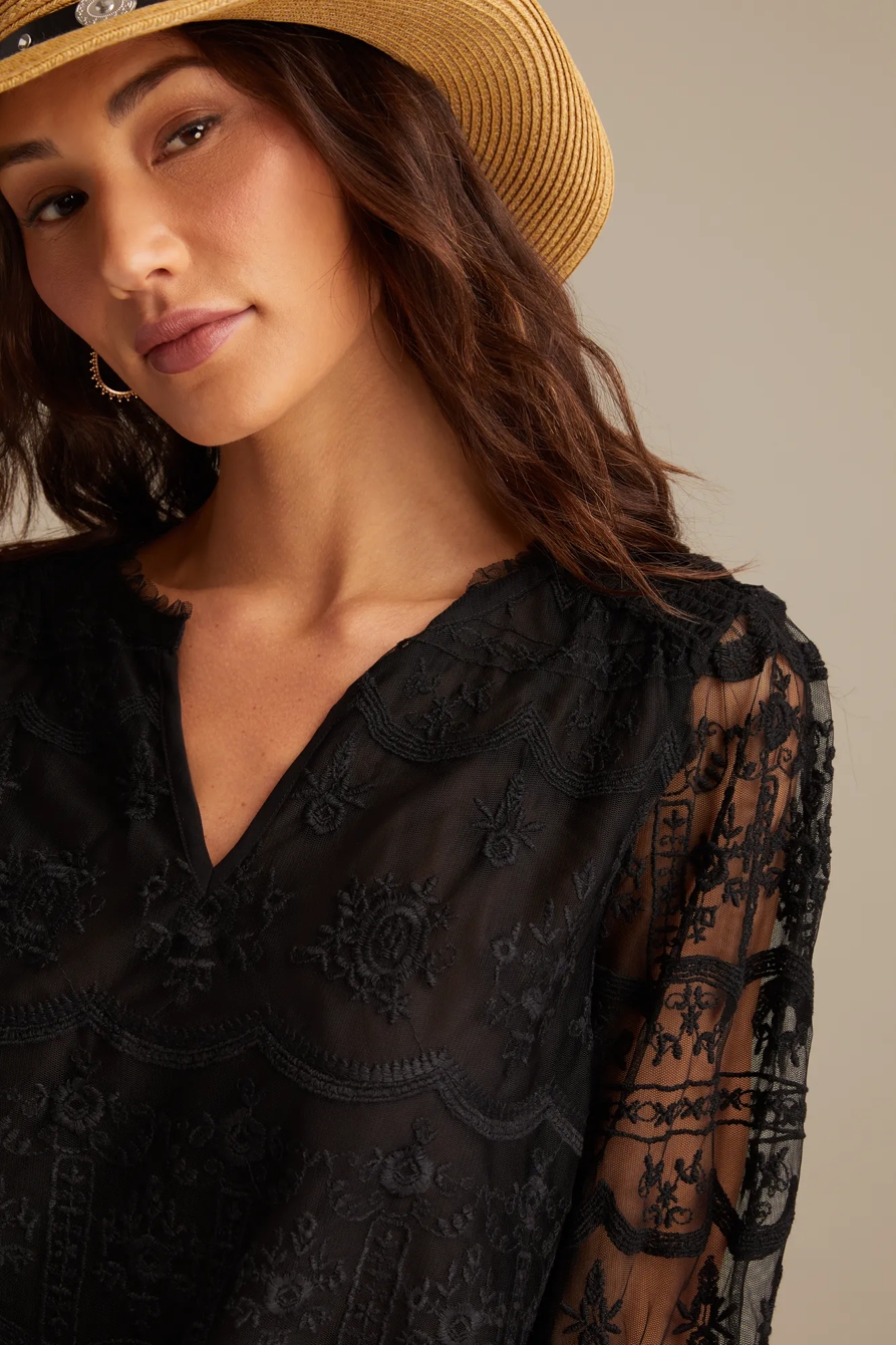 MESH SMOCKED WAIST ROMANCE TOP - Lucky Brand Outlet