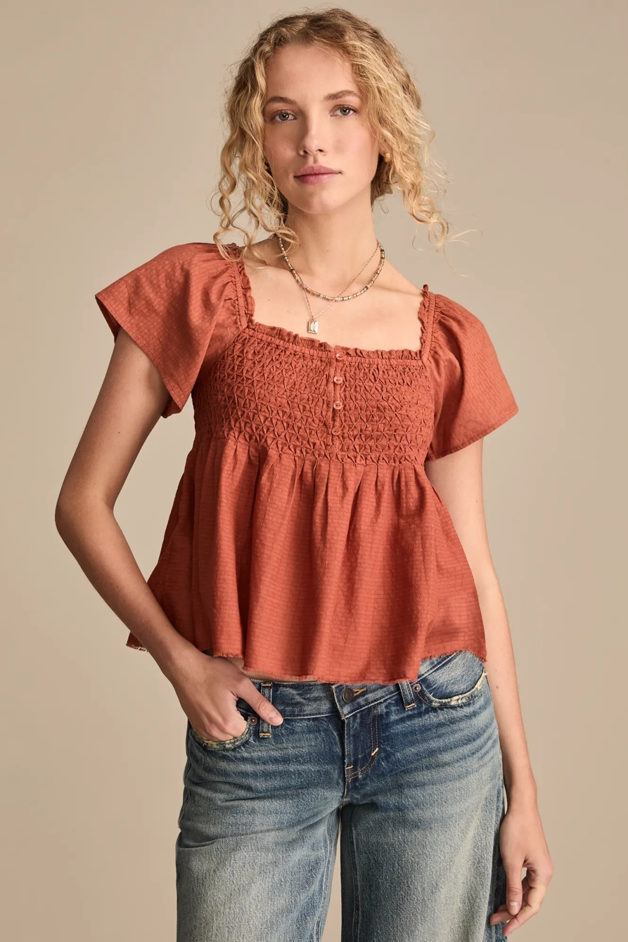 SMOCKED BODICE BABYDOLL TOP - Lucky Brand Outlet