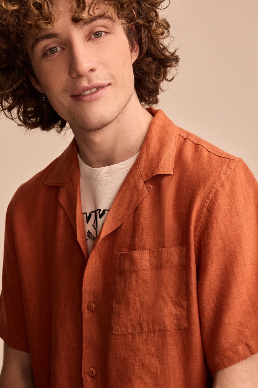 SHORT SLEEVE LINEN CAMP COLLAR SHIRT - Lucky Brand Outlet