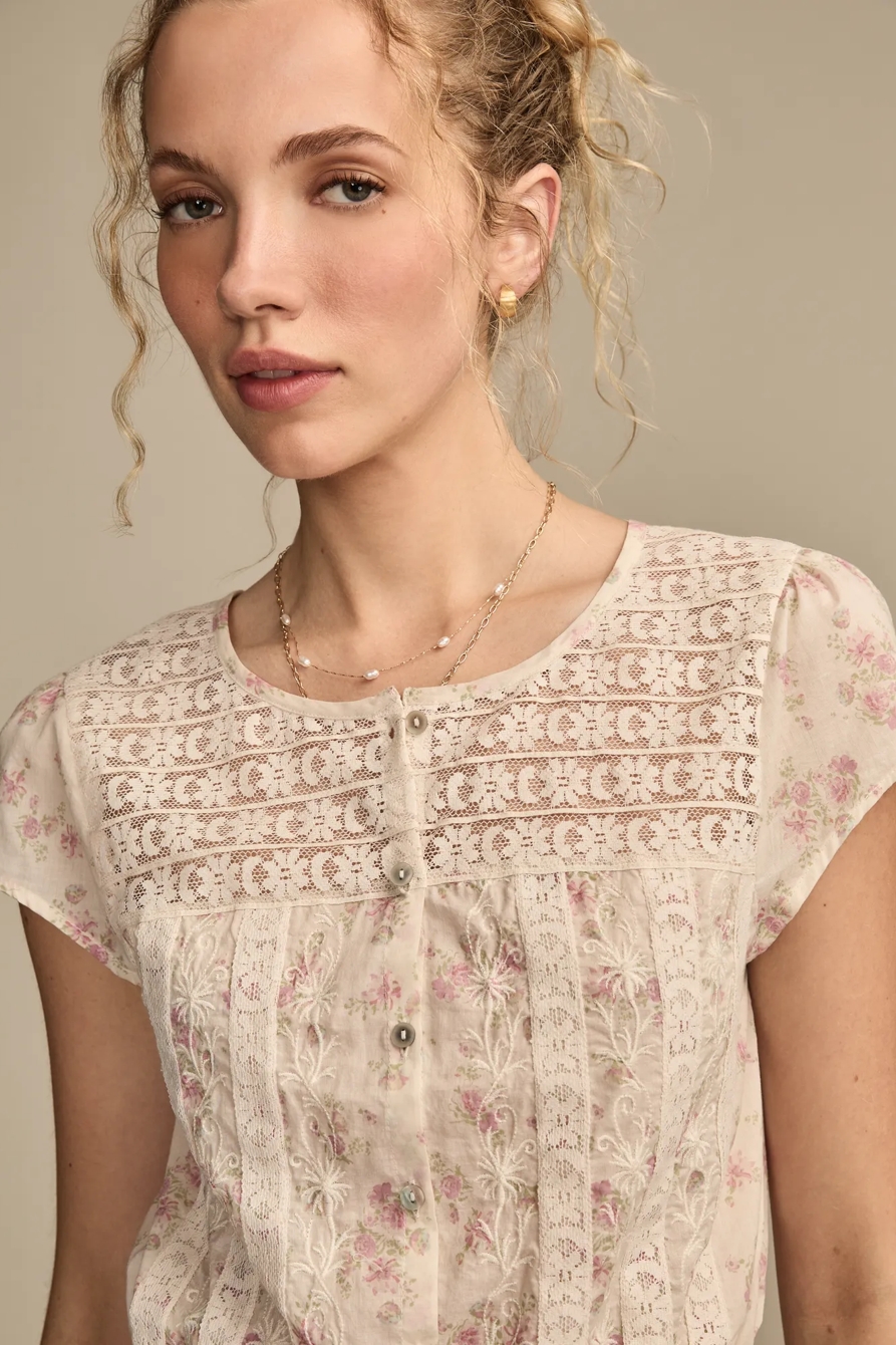 LACE INSET BUTTON THROUGH BLOUSE - Lucky Brand Outlet