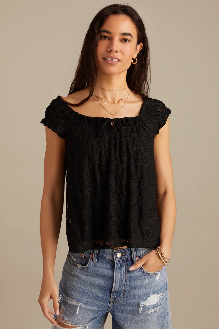 LACE SMOCKED TIE TOP - Lucky Brand Outlet