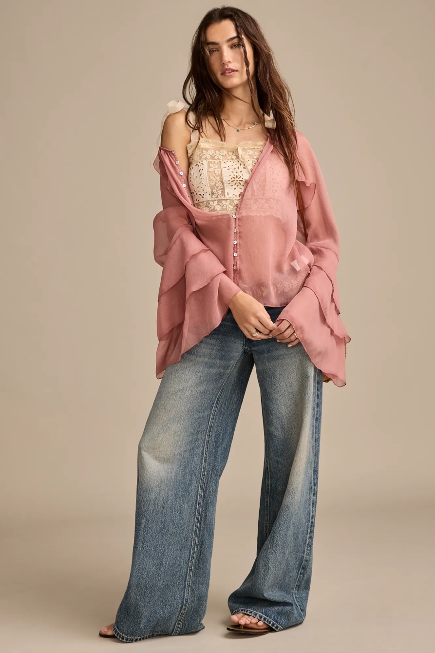 RUFFLE BUTTON DOWN BLOUSE - Lucky Brand Outlet