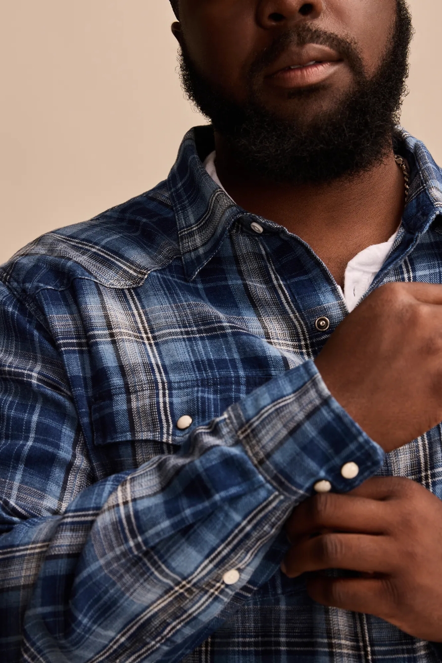 BIG & TALL INDIGO PLAID WESTERN LONG SLEEVE SHIRT - Lucky Brand Outlet