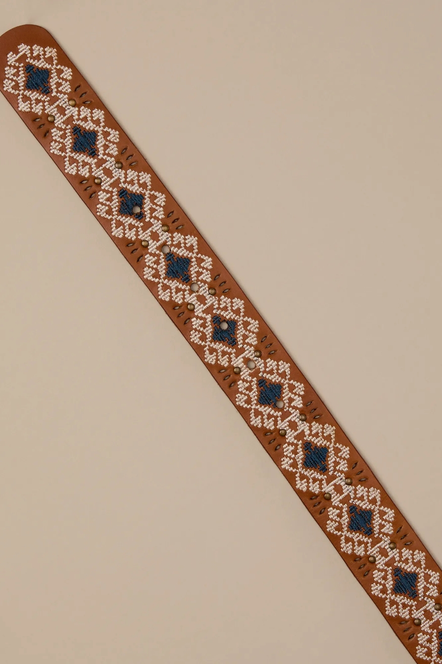 TAN BELT WITH WHITE AND BLUE EMBROIDERY - Lucky Brand Outlet