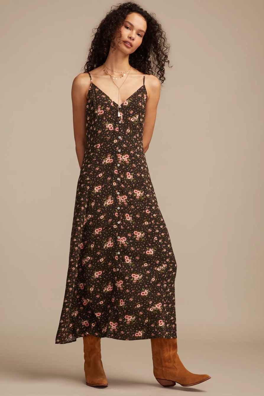 PRINT MIX BUTTON THROUGH MIDI DRESS - Lucky Brand Outlet