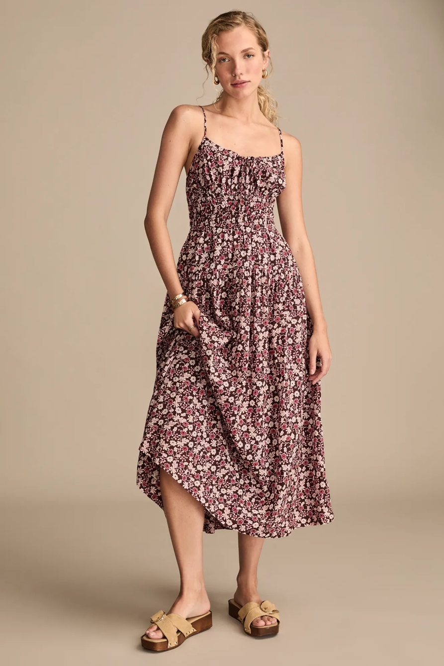 PRINTED SMOCKED MIDI DRESS - Lucky Brand Outlet