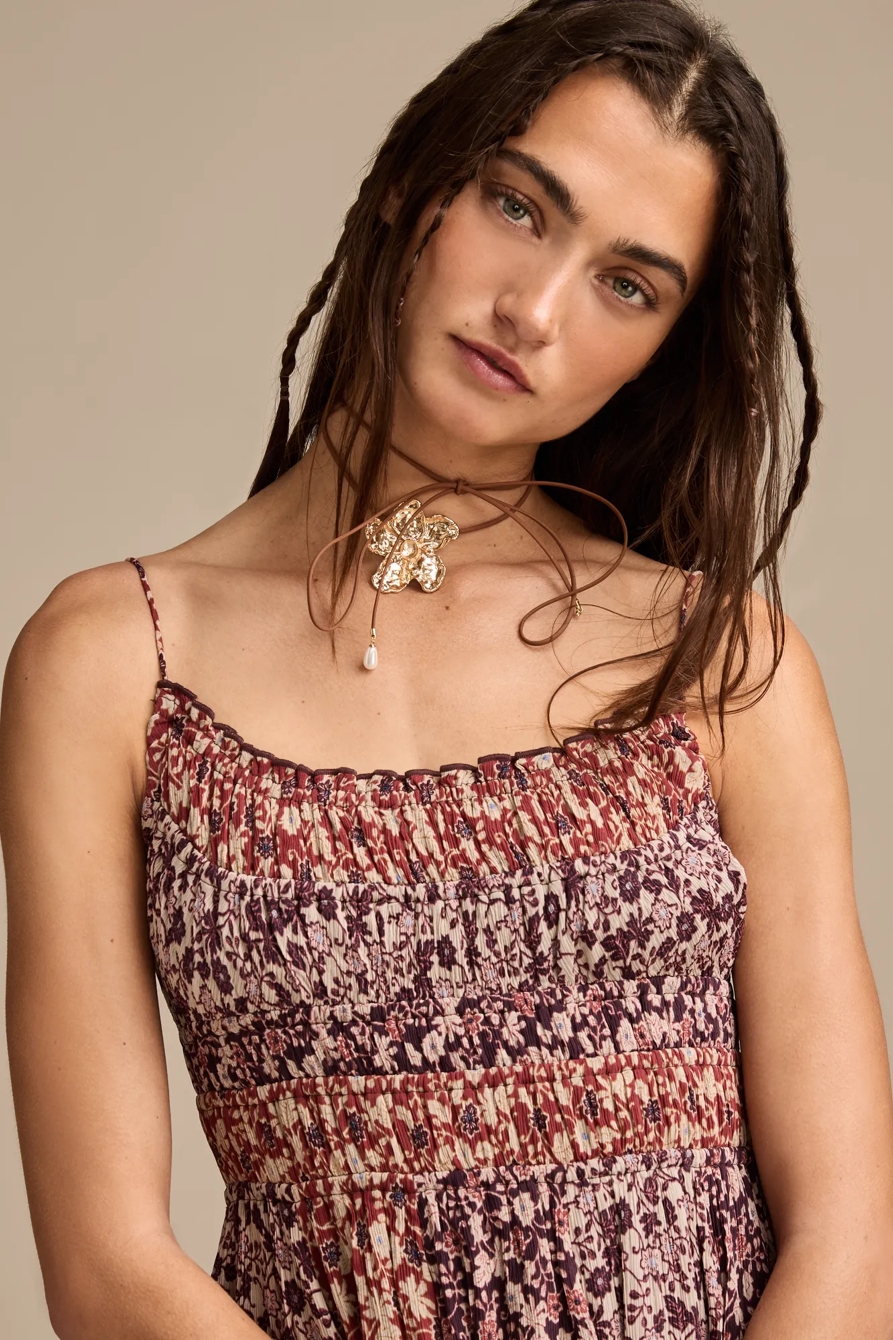 FLORAL PRINT MIX SMOCKED MIDI DRESS - Lucky Brand Outlet