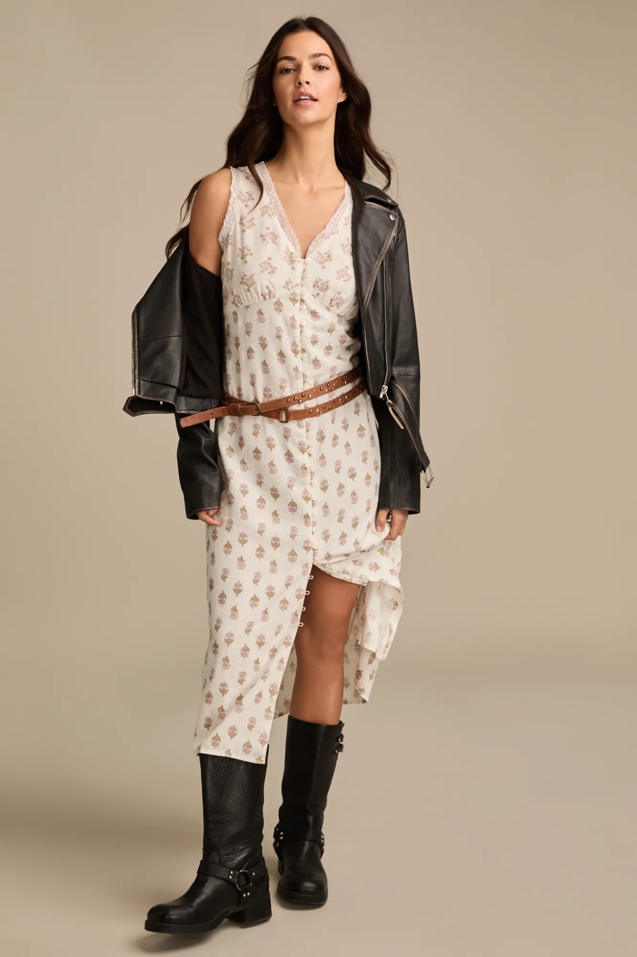 PRINTED BUTTON FRONT MAXI DRESS - Lucky Brand Outlet