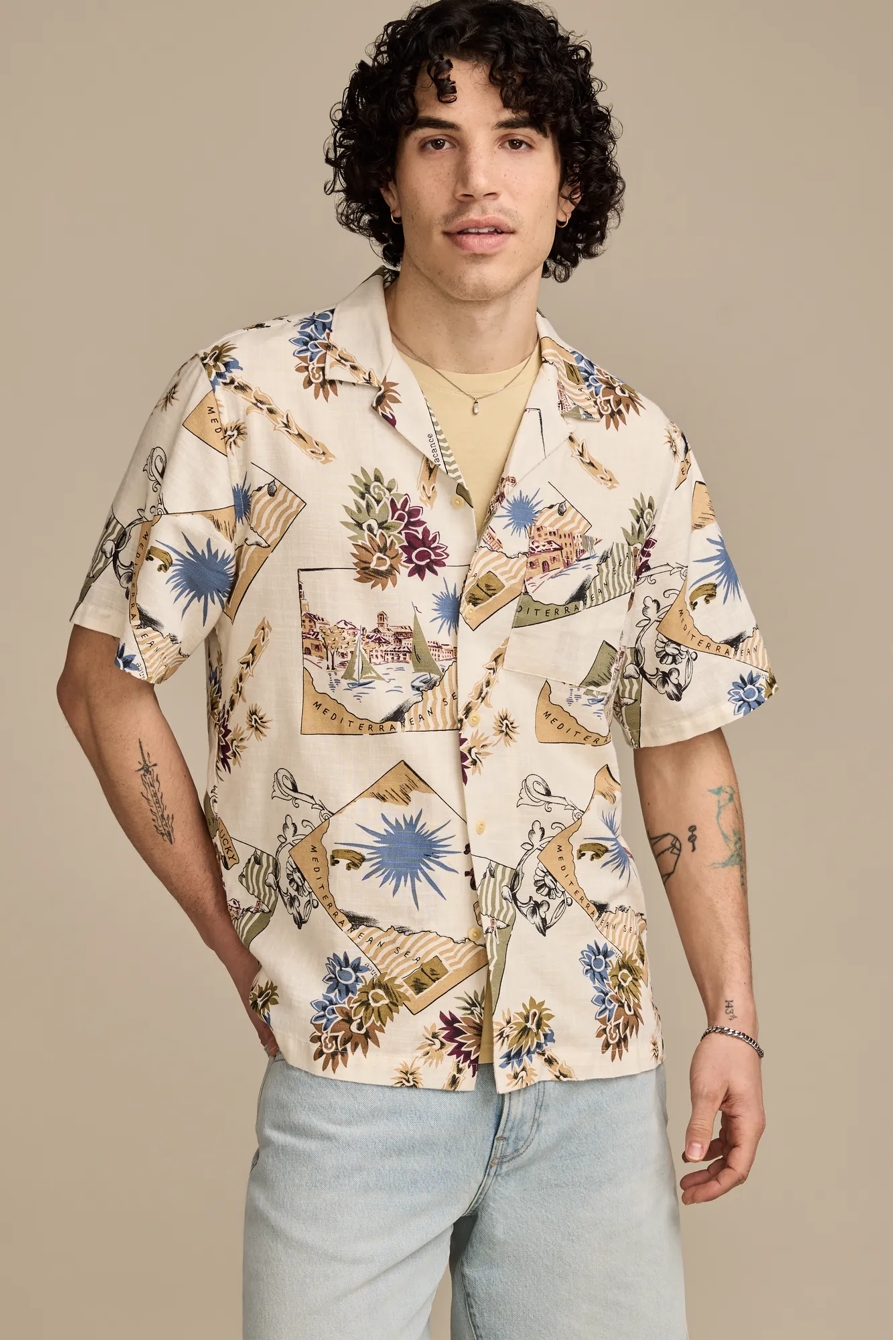 POSTCARD PRINT CAMP COLLAR SHORT SLEEVE SHIRT - Lucky Brand Outlet