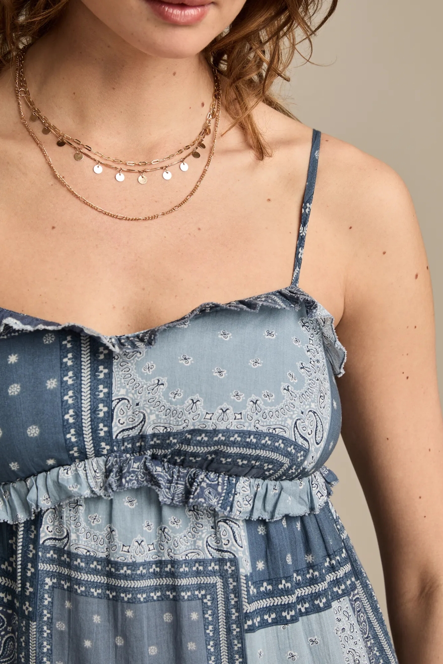 PATCHWORK RUFFLE TIERED MINI DRESS - Lucky Brand Outlet