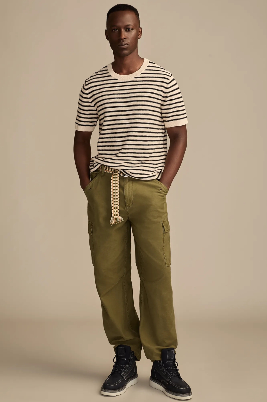 SHORT SLEEVE STRIPE TEXTURED SWEATER CREW - Lucky Brand Outlet