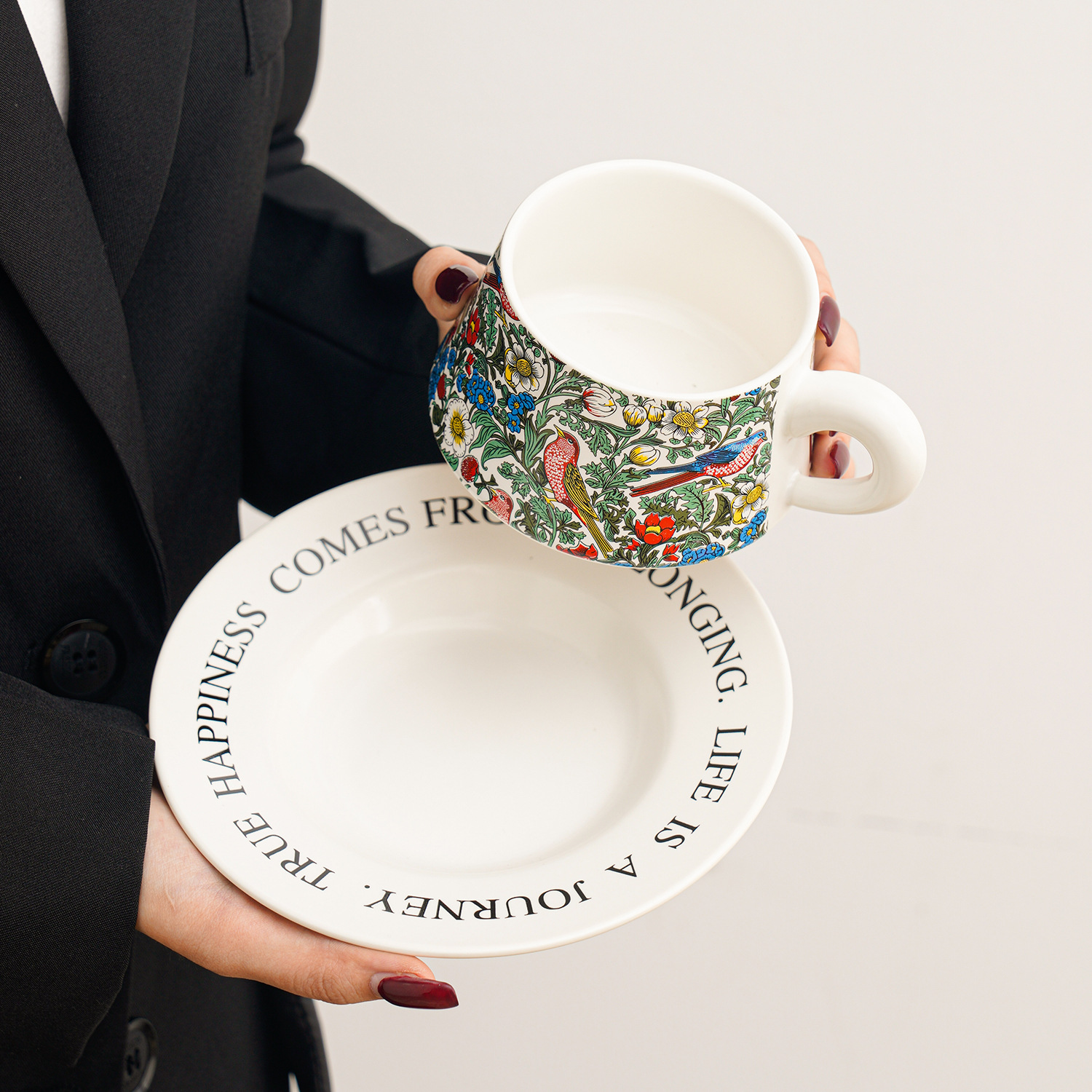 Floral and Bird Ceramic Cup and Saucer