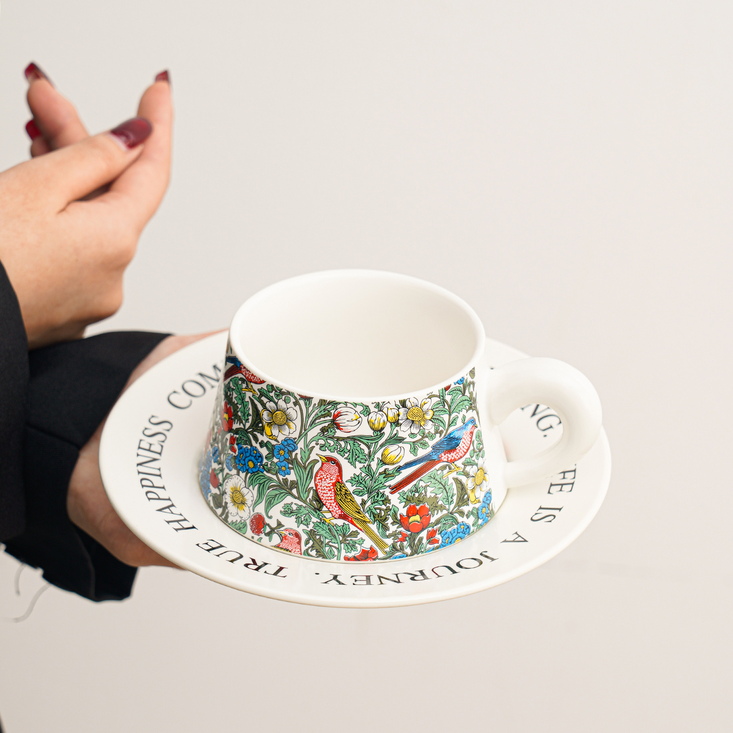 Floral and Bird Ceramic Cup and Saucer