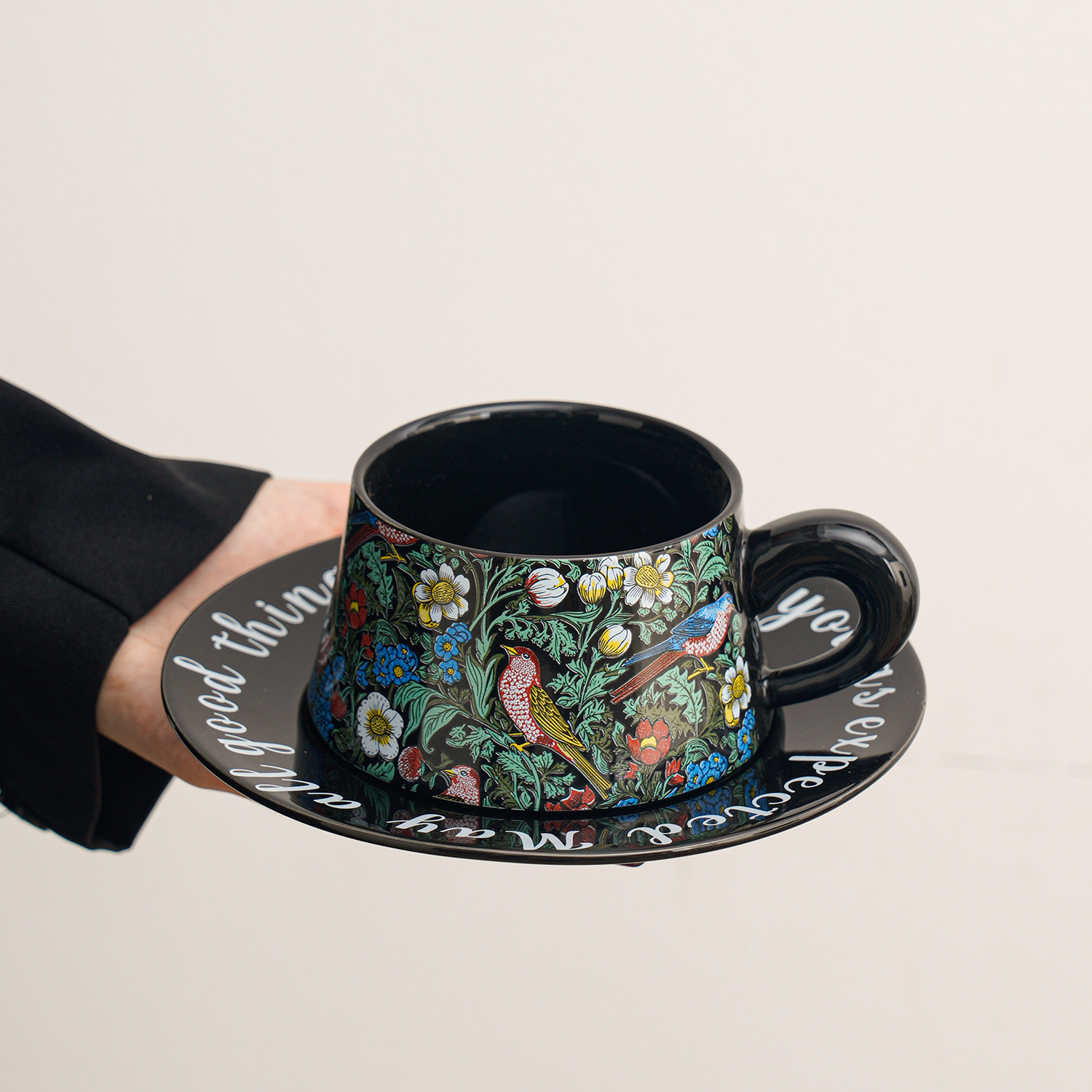 Floral and Bird Ceramic Cup and Saucer