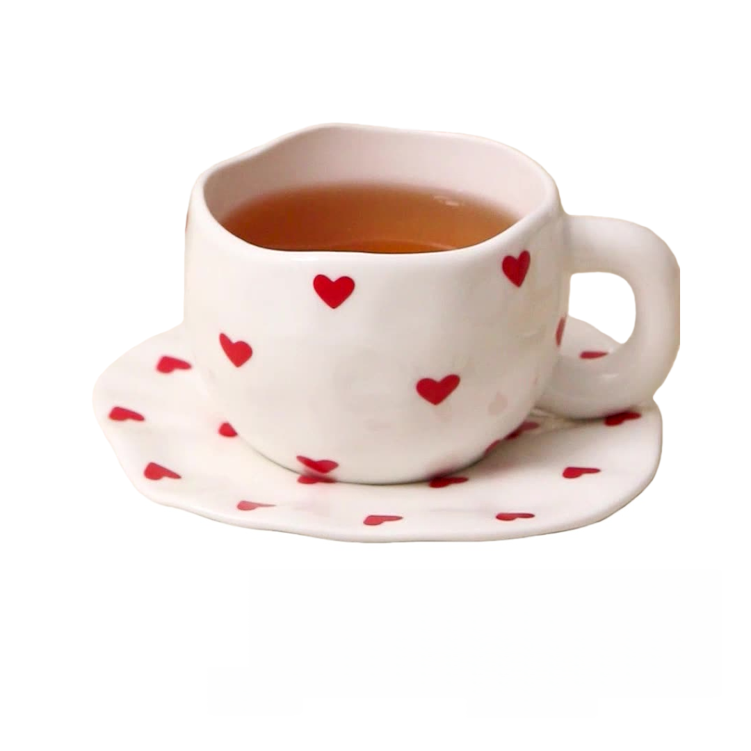 Heart-Patterned Mug and Saucer Set