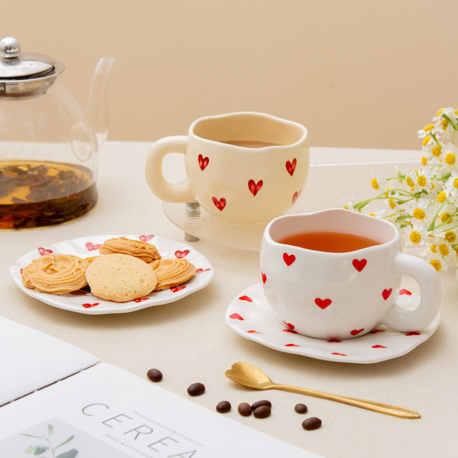 Heart-Patterned Mug and Saucer Set