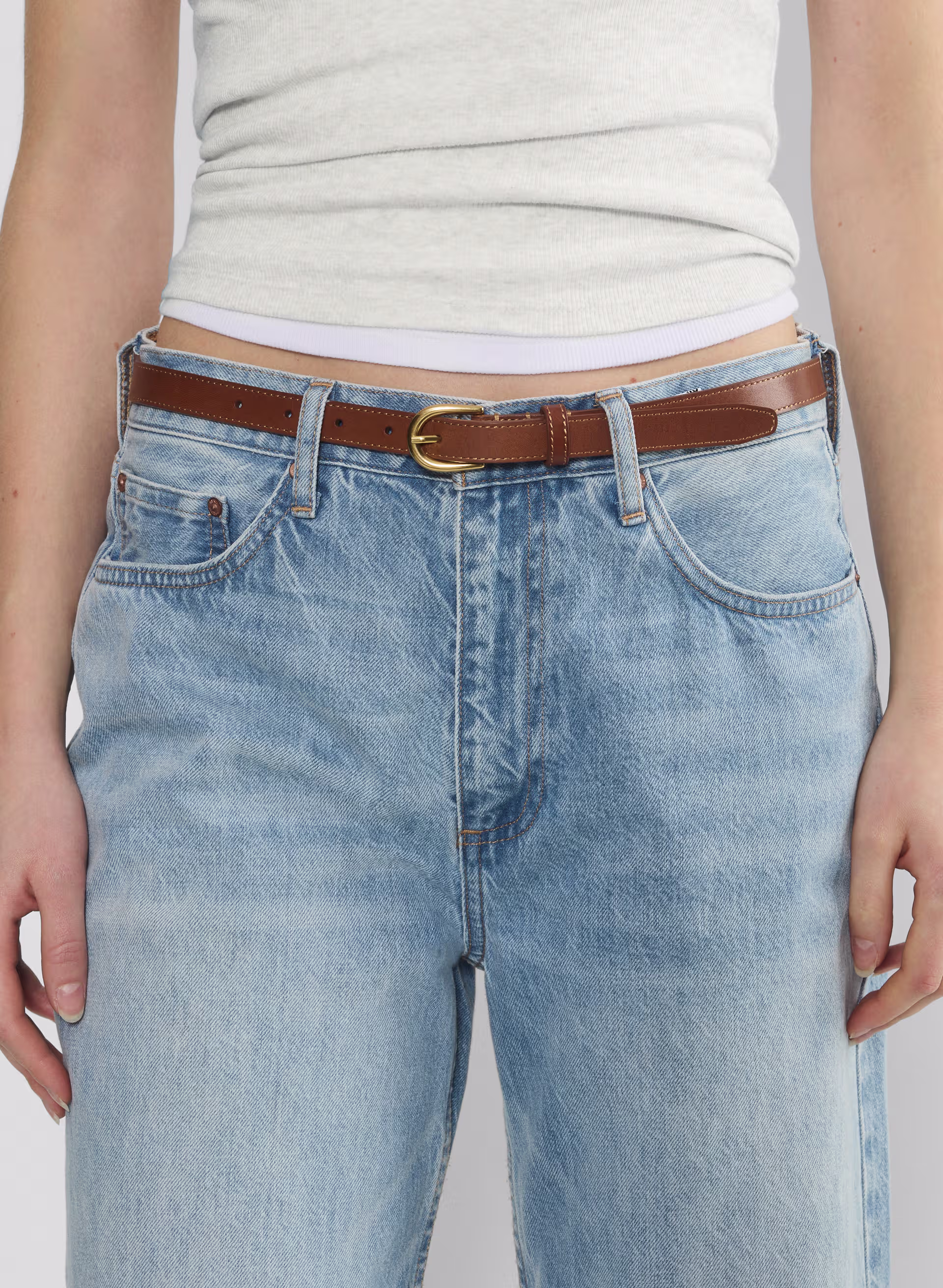 Accent Solid Brass Leather Slim Belt