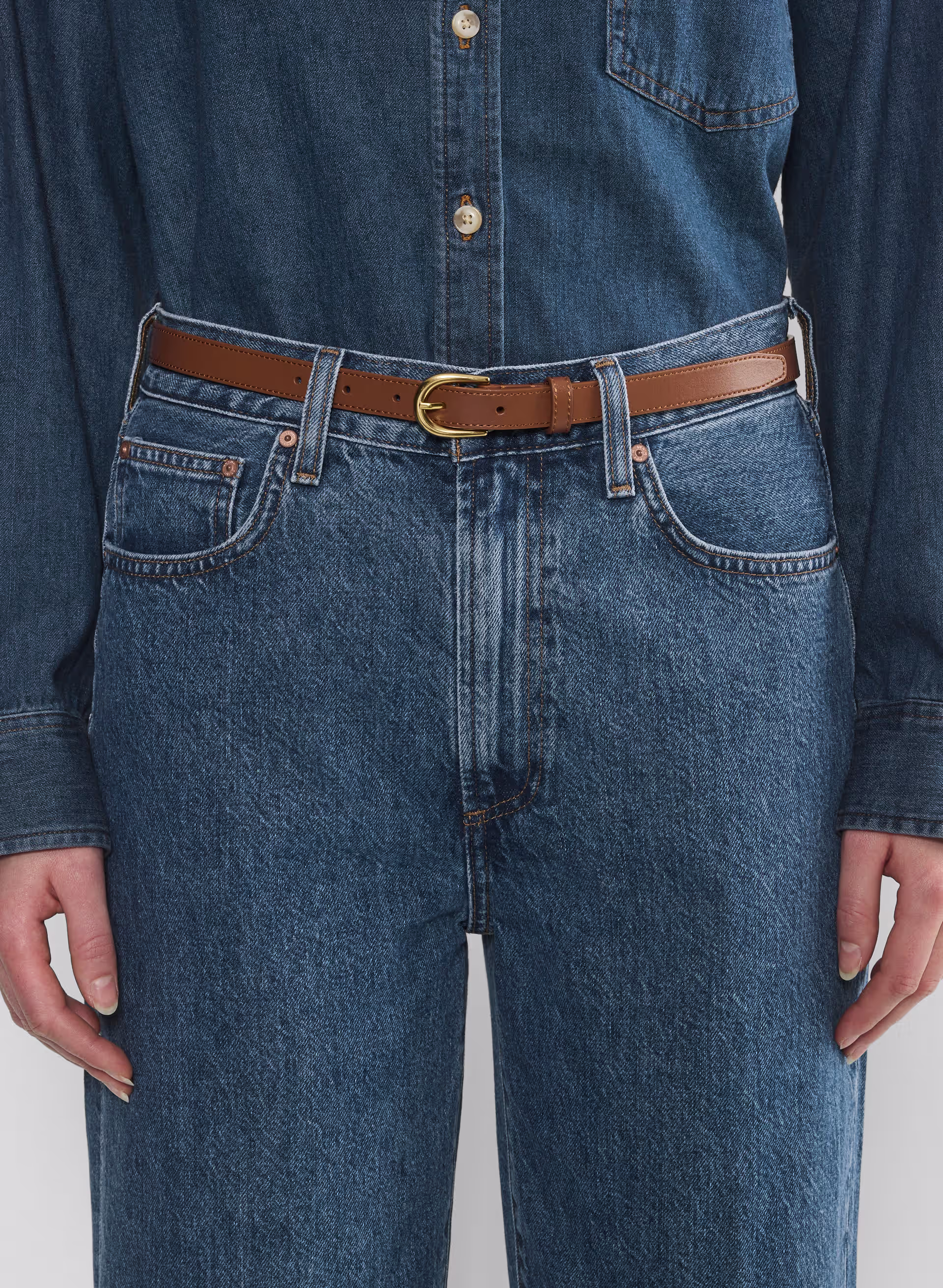 Accent Solid Brass Leather Slim Belt