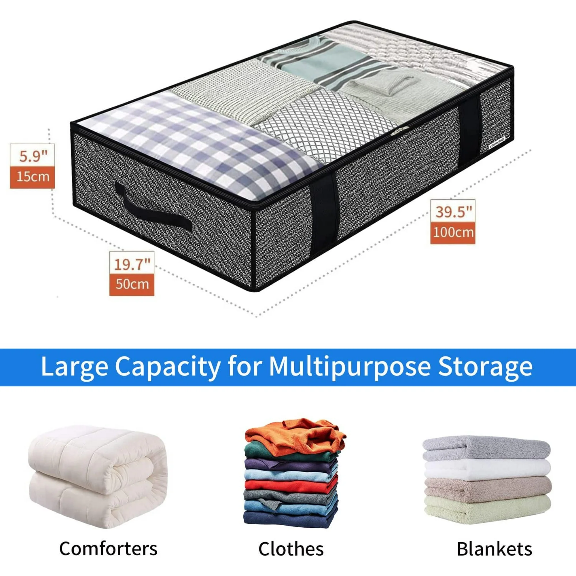 Foldable Underbed Bags - Blankets Clothes Comforters Storage Bag Breathable Zippered Organizer for Bedroom with Clear Window