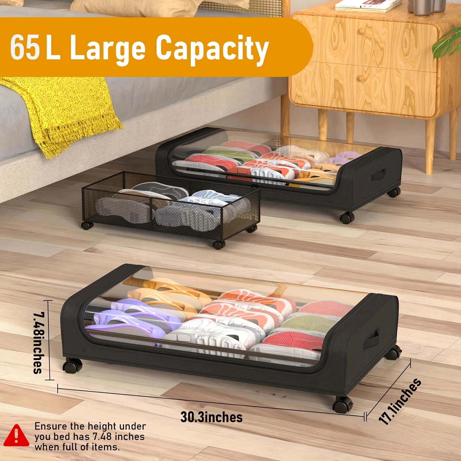 2-Pack XXL Underbed Storage Bins with Wheels, 17.17gal Rolling Organizer with Lid & Zippered Doors for Clothes Shoes Bedding, Fits Queen King Beds