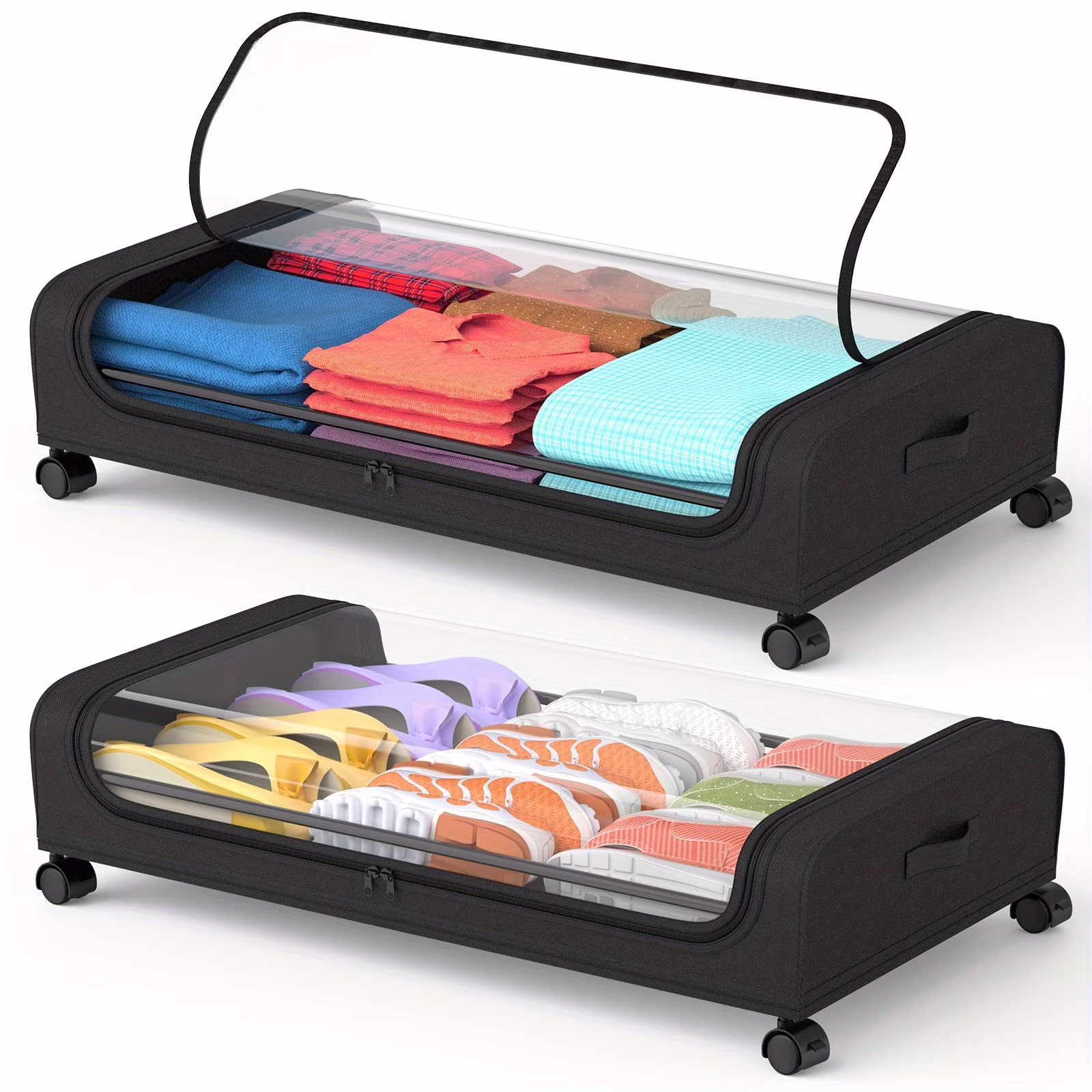 2-Pack XXL Underbed Storage Bins with Wheels, 17.17gal Rolling Organizer with Lid & Zippered Doors for Clothes Shoes Bedding, Fits Queen King Beds