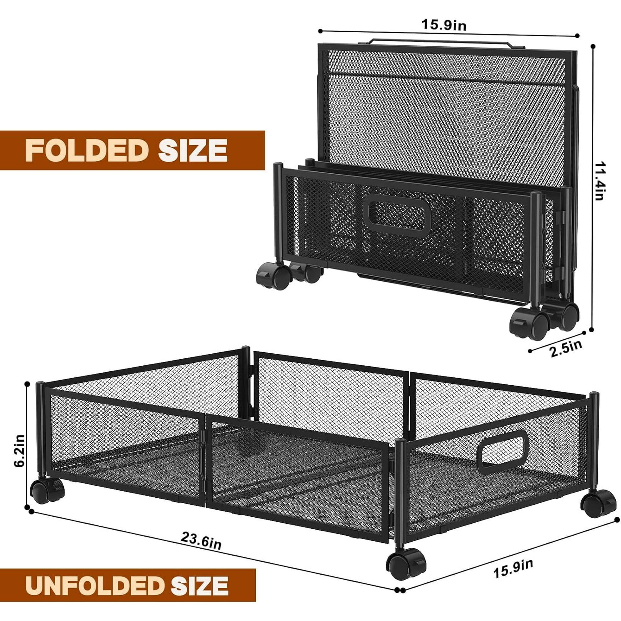 Under Bed Storage Containers,2 Pack Foldable Underbed Storage Containers with Handles and Wheels,Folding Bed Shoes Clothes Organizer,Easy Assembly Underbed Storage for Toy,Bedding,Bedroom(Black)