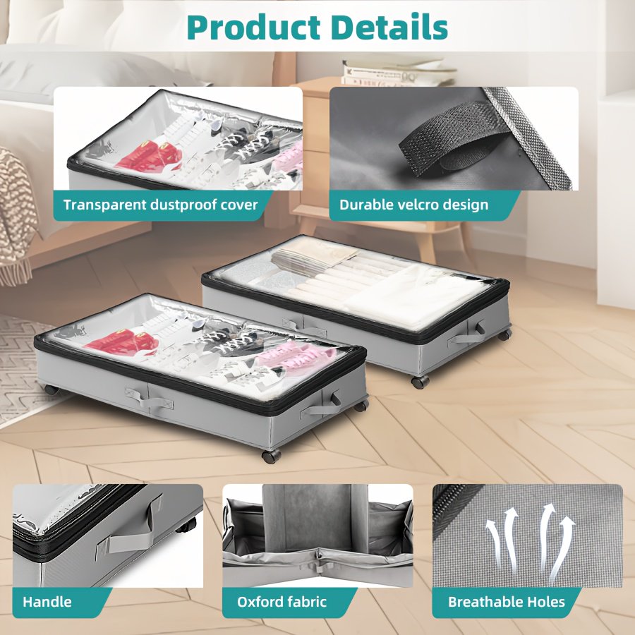 2pcs Underbed Storage Containers with Wheels & Lids - Low Profile Oxford Fabric Organizers for Clothes Shoes Toys Linens, Space-Saving Gray Under Bed Storage Bags