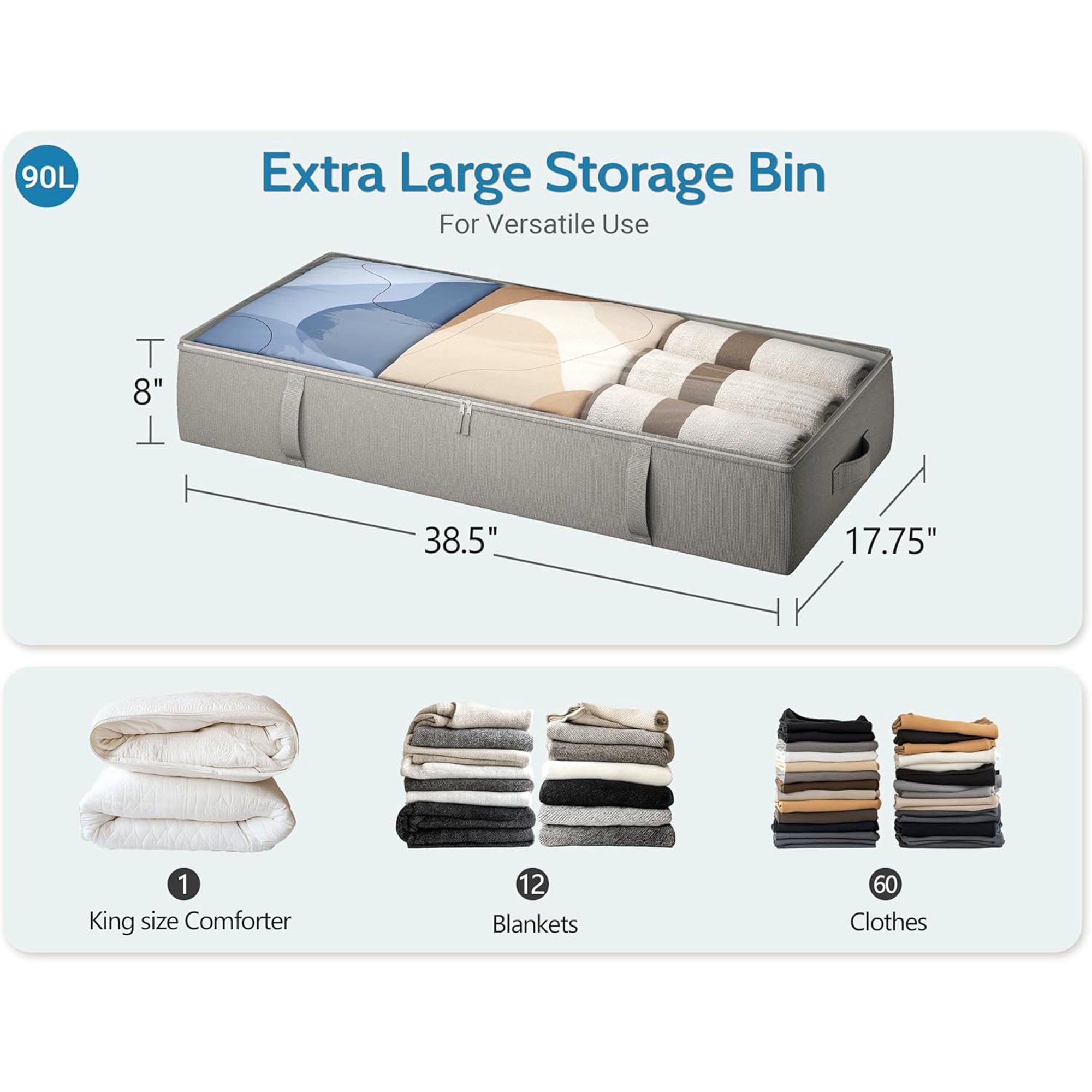 2-Pack Under Bed Storage Containers, 8 Inches Tall Underbed Clothes Storage Organizer Bin with Sturdy Sidewalls/Bottom, Under the Bed Storage Bags 2 Storage Bins, Light Grey