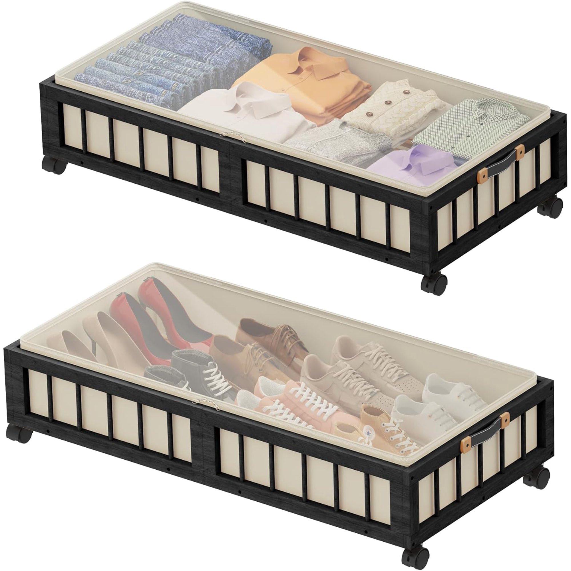 2-Pack Bamboo Under Bed Storage with Wheels, Rolling UnderBed Storage Basket with Large Dust Bag, Under Bed Storage Containers for Bedroom, Dorm and Basement, Black