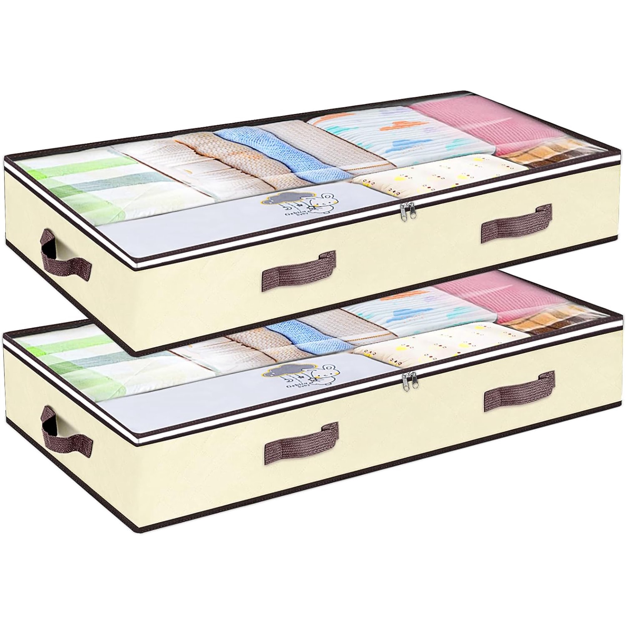 UM 90L Under Bed Storage Containers,Underbed Toy Organizers and Clothing Storage Bags,Closet Storage Bins with Clear Window for Organizing Blanket Comforter Bedding Clothes Bedroom Dorm, 2 Pack Beige