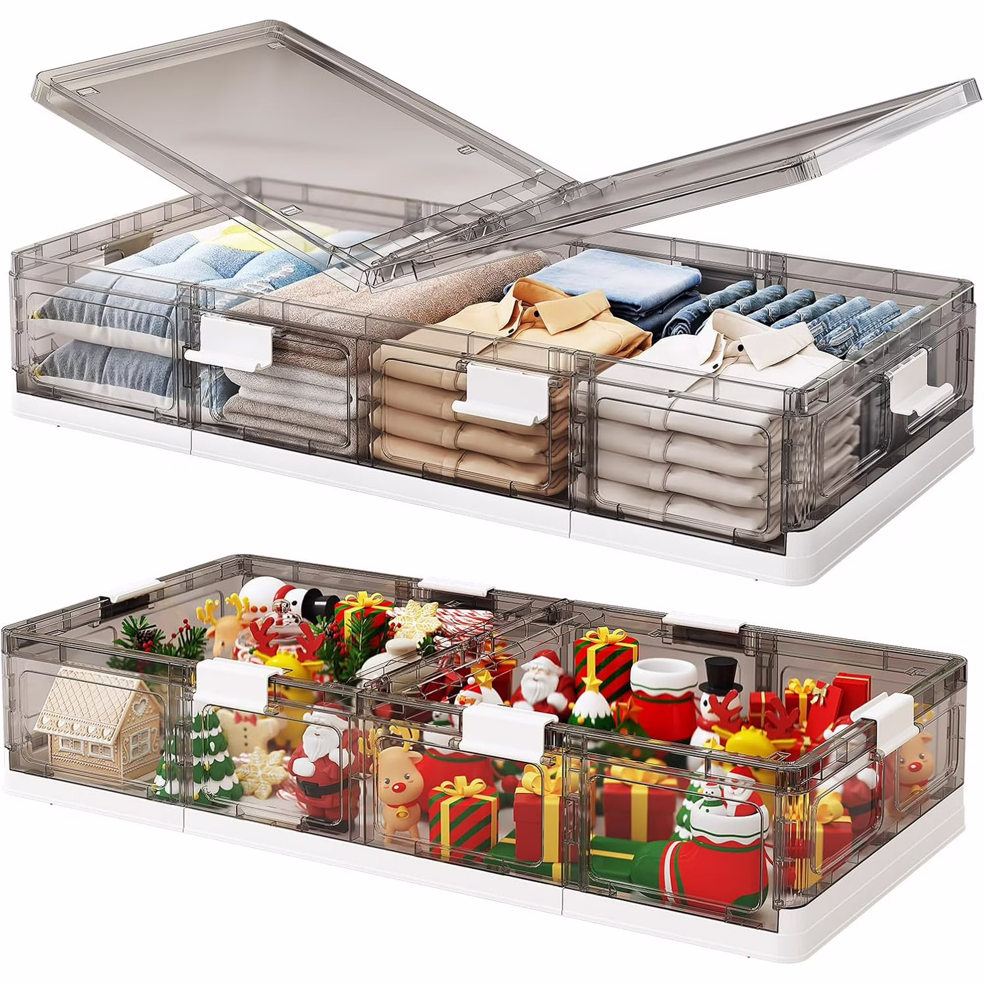 Plastic Under Bed Storage Containers,2 Pack Underbed Storage with Wheels,Foldable and Stackable Under Bed Organizer,Moisture and Dust-proof Storage Boxes for Clothes Shoes,13.6 Gal